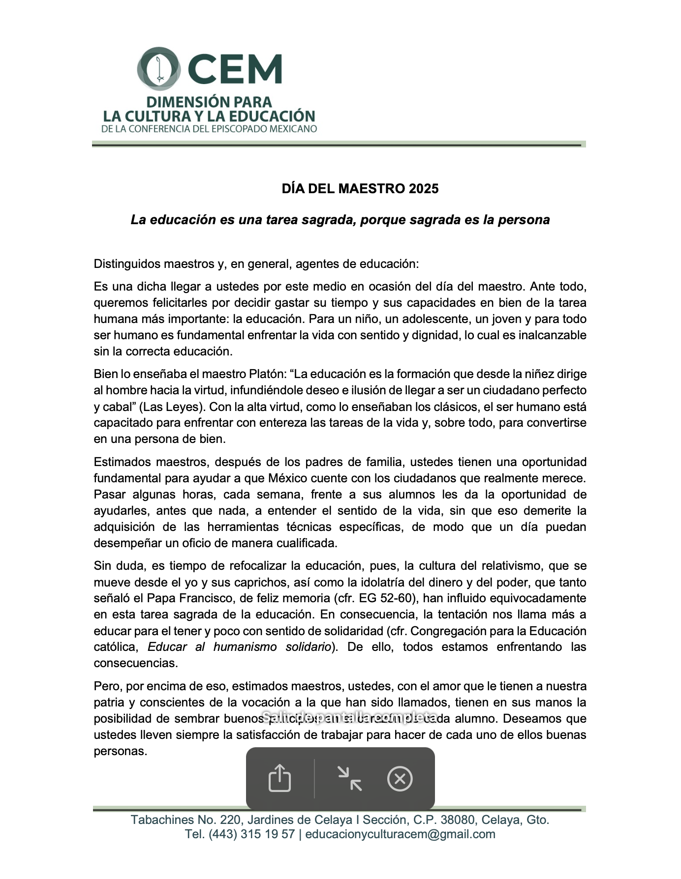 DÍA DEL MAESTRO 2025. La educación es una tarea sagrada, porque sagrada es la persona.
